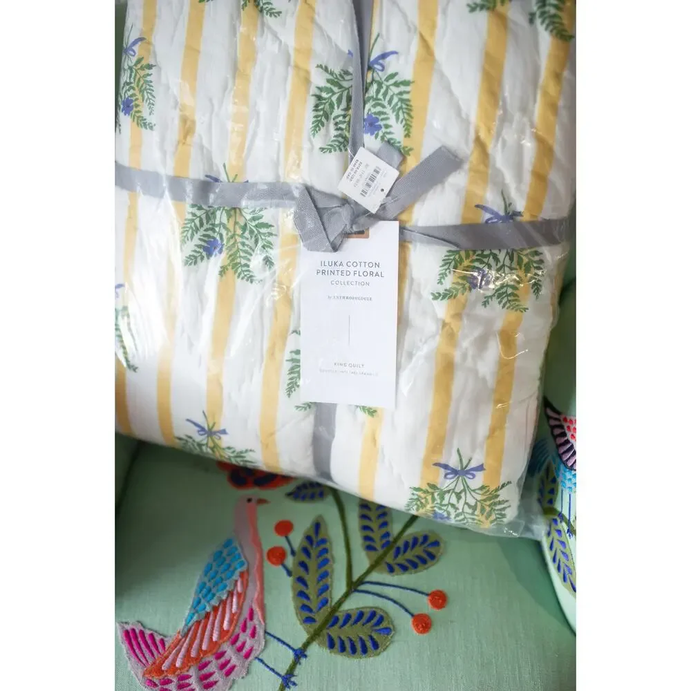 Anthropologie Iluka Cotton Printed Floral Quilt King Fern Gingham